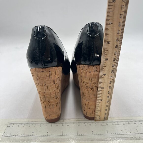 XYD Black Round Toe Wood Platform Pumps Slip On Patent Wedge Cork High Heel Shoe - Picture 5 of 8